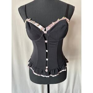 corset top vintage black and pink lace bows y2k coquette style 36b small